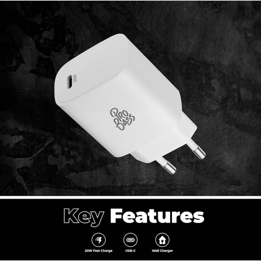 Pro Bass RapidCharge Series 20w Single Type-C Wall Charger - White