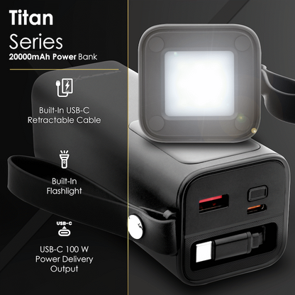 VolkanoX Titan Series - 20 000 mAh - Power Bank with retractable Type-C Cable with Flashlight