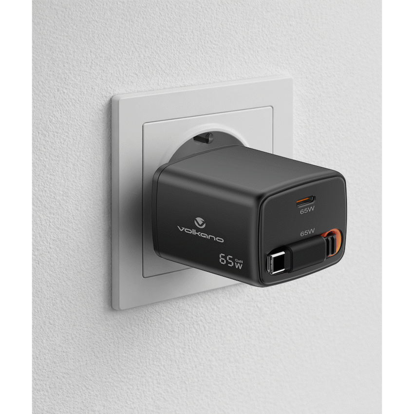 Volkano Sleek Series Fast Wall Charger 65W USB-C with Built-in Retractable 75cm Cable - Black