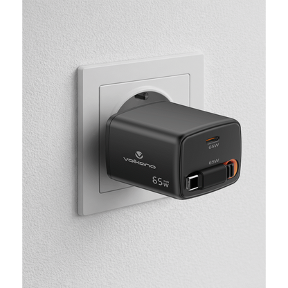 Volkano Sleek Series Fast Wall Charger 65W USB-C with Built-in Retractable 75cm Cable - Black