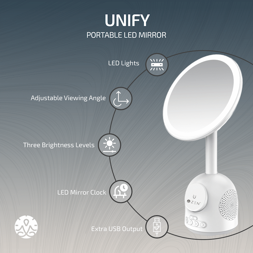 ZEN Unify Series Wireless Phone Charger with Bluetooth Speaker and Mirror - White