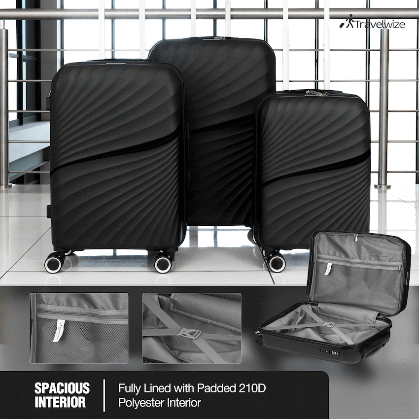 Travelwize Quartz PP 4-Wheels Spinner 3Pc Luggage Set Black