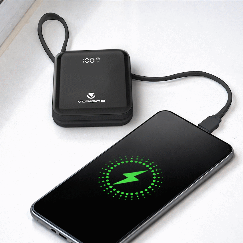 Volkano Solace Series 10 000 mAh Power Bank with Built-in USB-C & Lightning Cable - Black