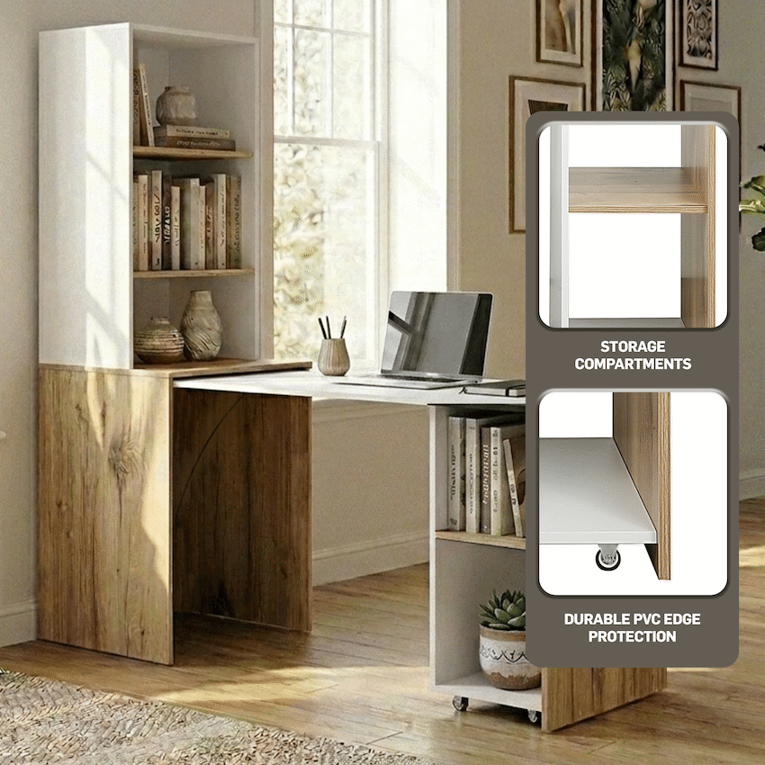 Everfurn Adaptive Desk with Bookshelf - White and Light Oak