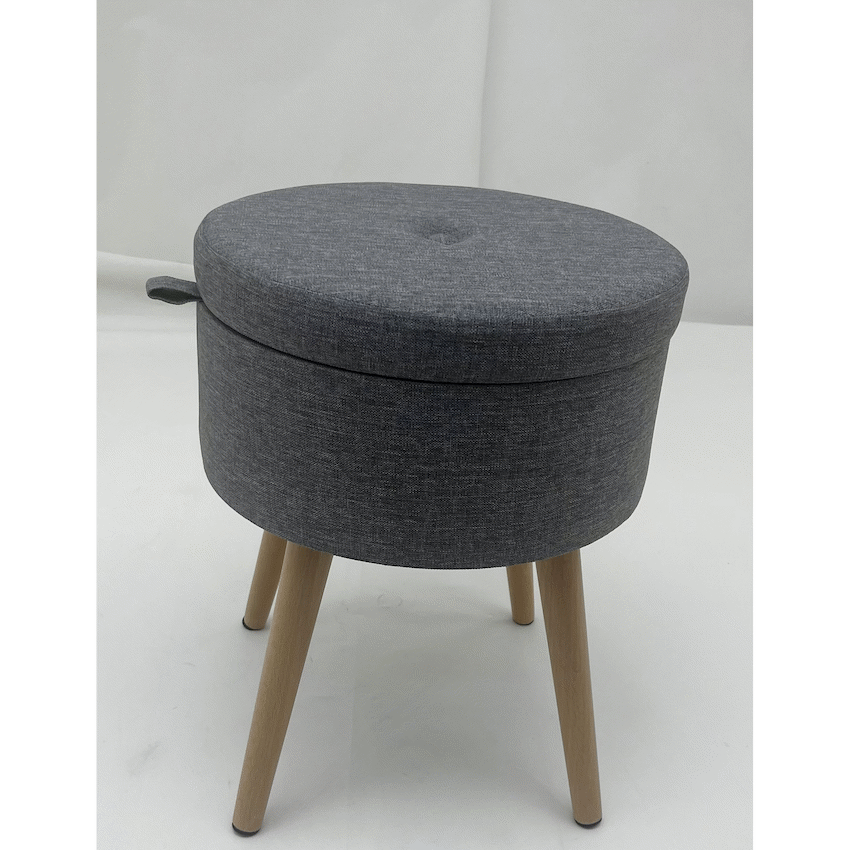 Sophie Round Storage  Stool with wooden legs - Grey