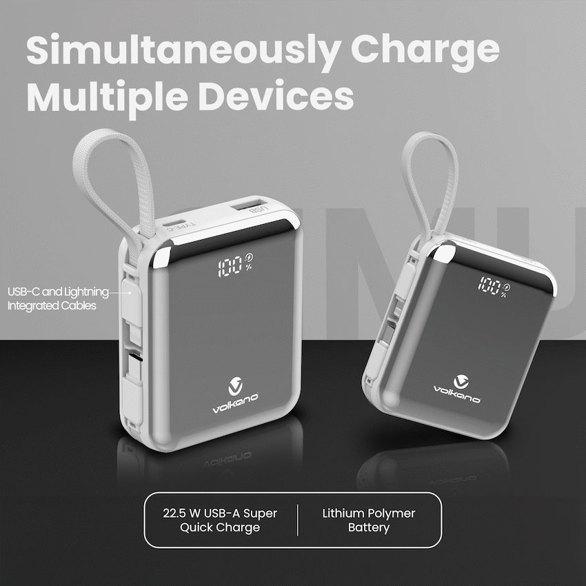 Volkano Solace Series 10 000 mAh Power Bank with Built-in USB-C & Lightning Cable - White & Silver