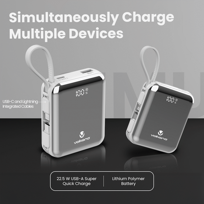 Volkano Solace Series 10 000 mAh Power Bank with Built-in USB-C & Lightning Cable - White & Silver
