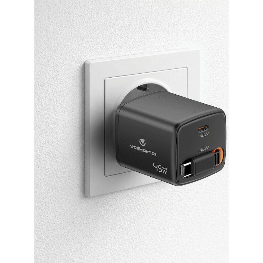 Volkano Sleek Series Fast Wall Charger 45W USB-C with Built-in Retractable 75cm Cable - Black