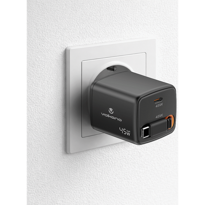 Volkano Sleek Series Fast Wall Charger 45W USB-C with Built-in Retractable 75cm Cable - Black