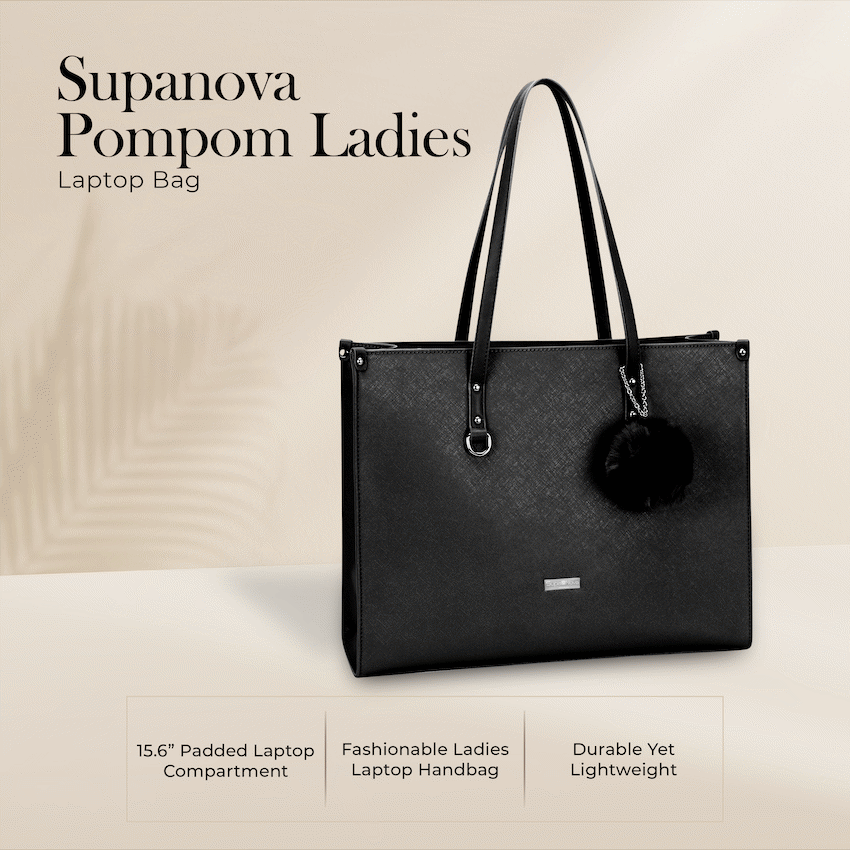Supanova Pompom Ladies Laptop Bag - Black