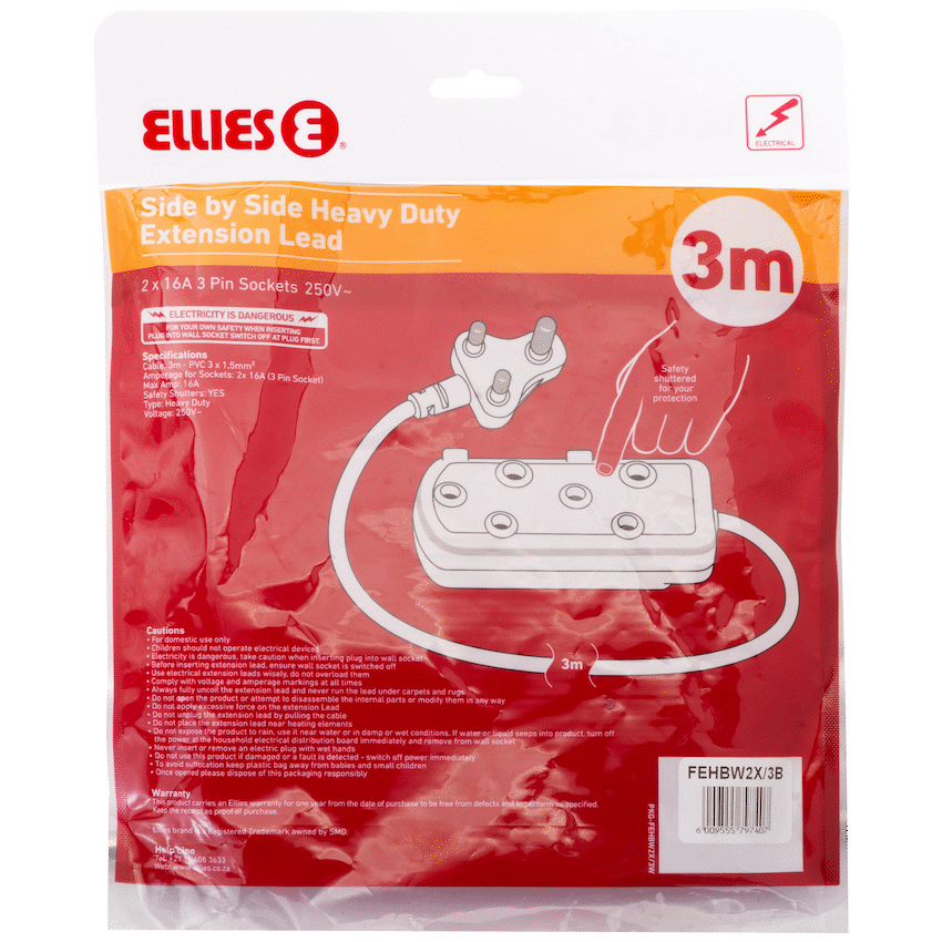 Ellies Side-by-Side Heavy-Duty Extension Lead - 3m - Black