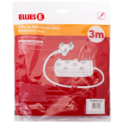 Ellies Side-by-Side Heavy-Duty Extension Lead - 3m - Black