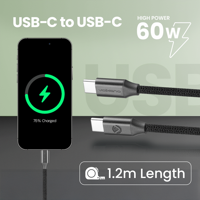 Volkano Weave Series Type-C to Type-C Cable (1.2m, 60w) - Black