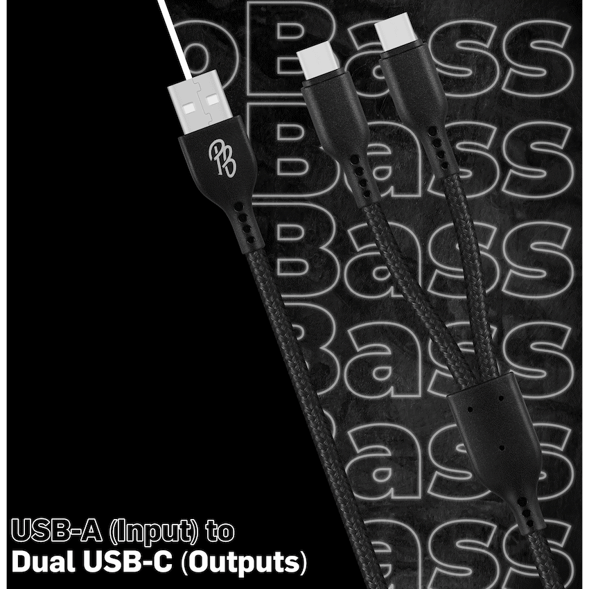 Pro Bass Cord Series 1.2m 15w USB-A to 2x USB-C Braided - Black