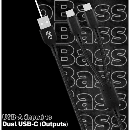 Pro Bass Cord Series 1.2m 15w USB-A to 2x USB-C Braided - Black