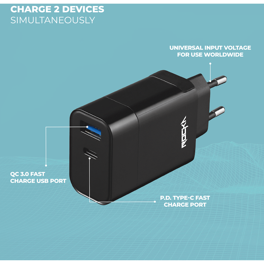 Rocka Rapid Series QC3.0 + PD Wall Charger, 18w, with Cable