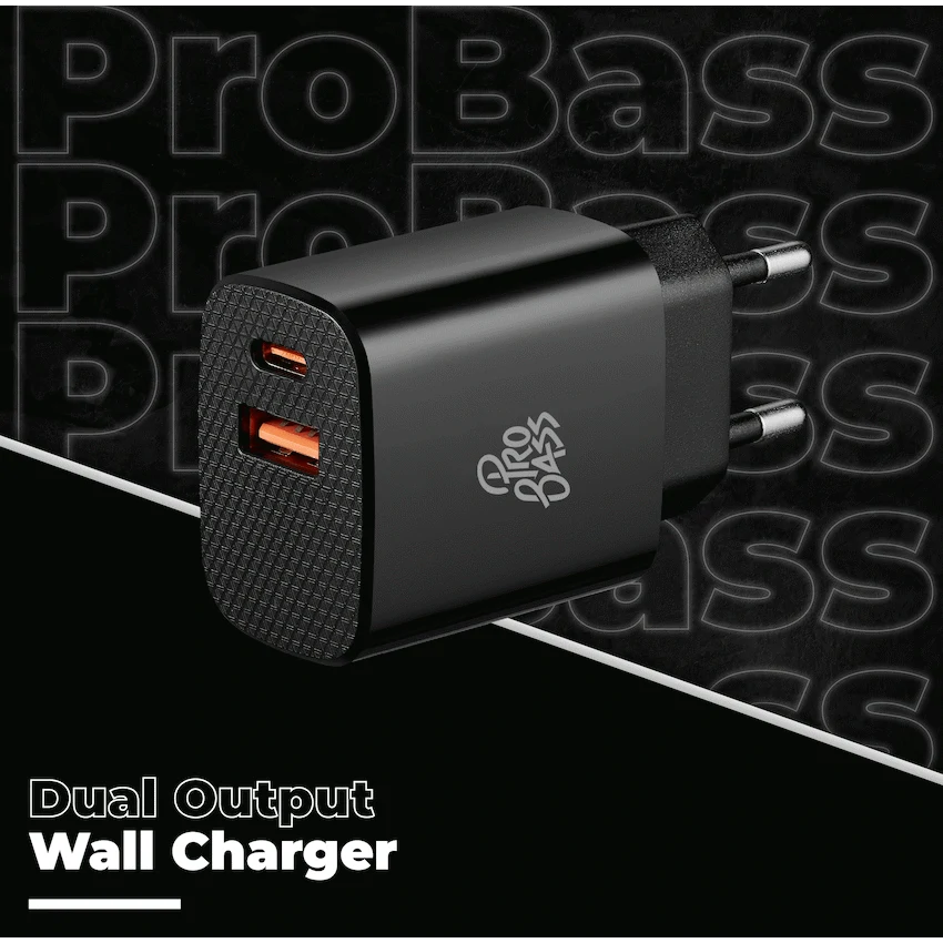 Pro Bass PowerCharge Series 12w Dual USB and Type-C Wall Charger - Black