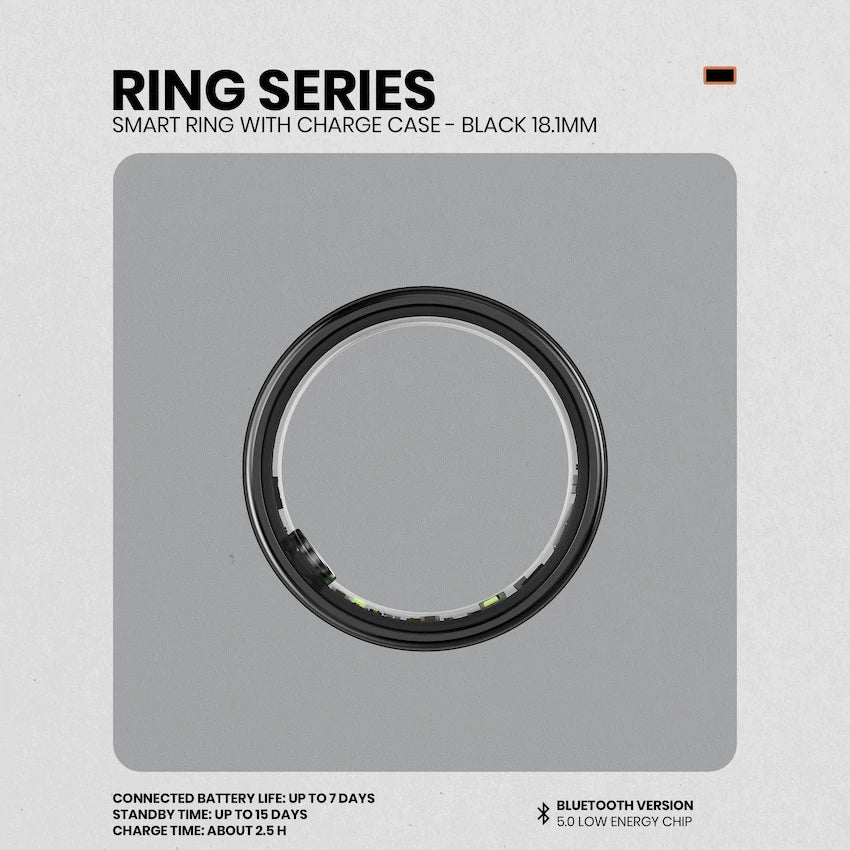 Volkano Ring Series Smart Ring with Charge Case - Black 18.1mm