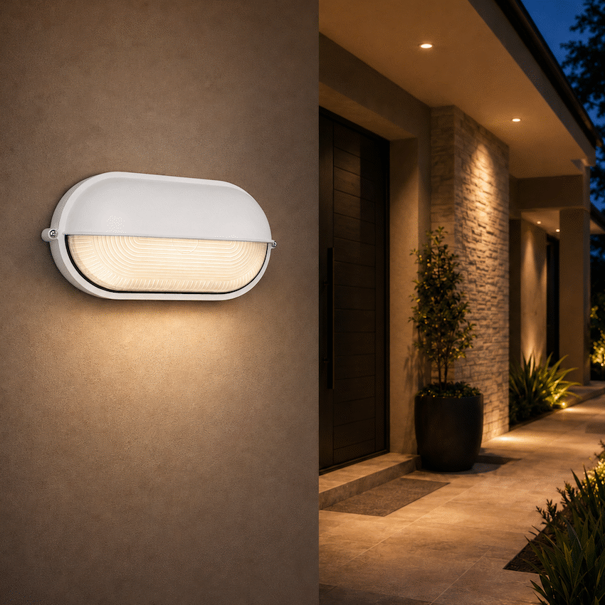 Ellies Arc Series - Large AC Oval Bulkhead - Aluminium + Glass - E27 Base -WT