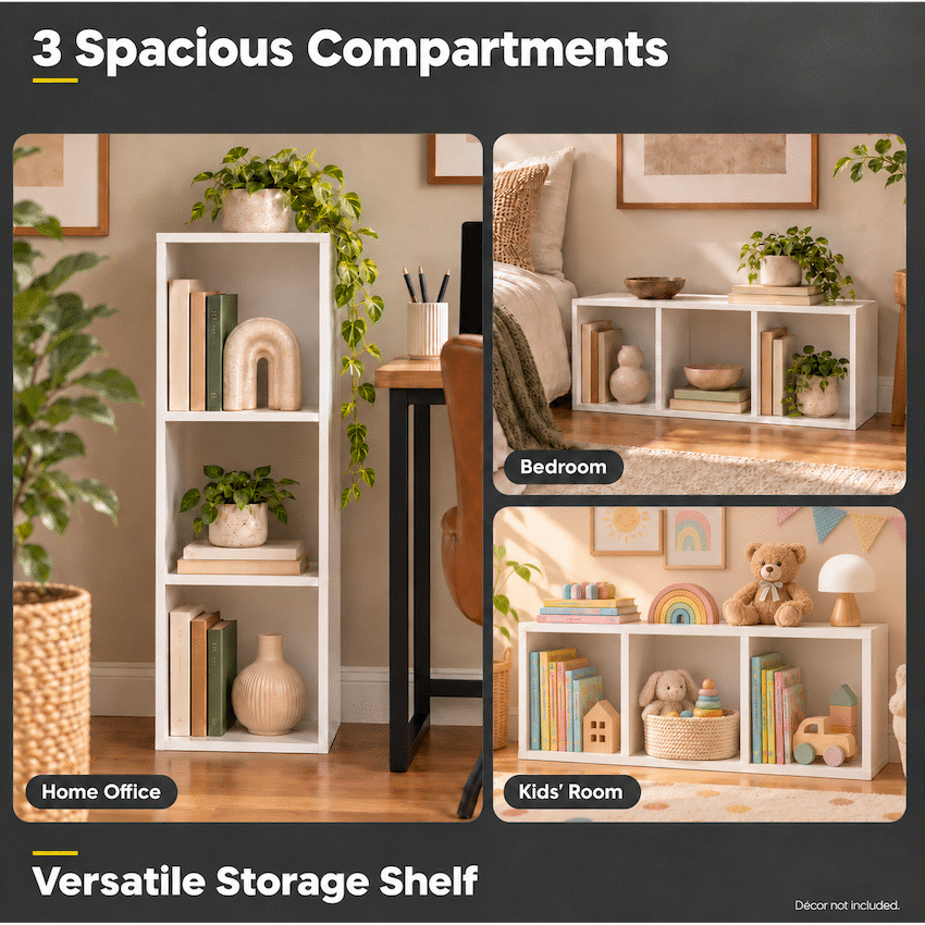 Everfurn Grayscale 3 Tier Bookshelf White, High Pressure Laminate