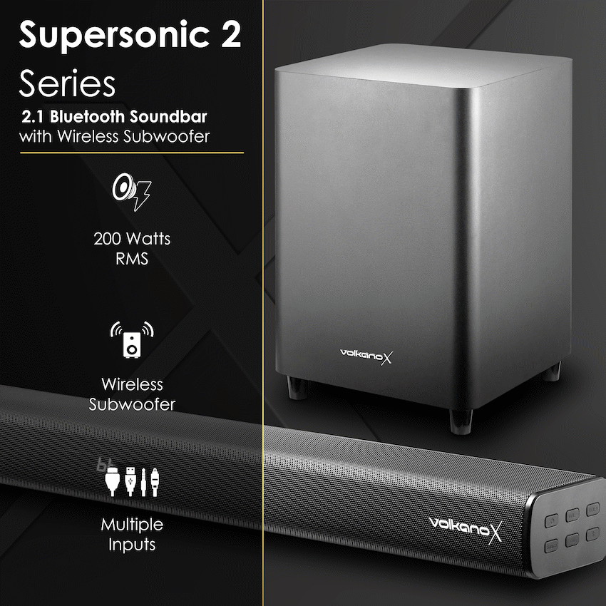 VolkanoX Supersonic 2 Series 2.1 200w Soundbar System with Wireless Subwoofer - Black