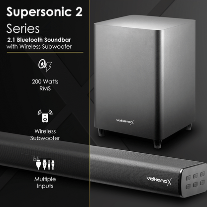 VolkanoX Supersonic 2 Series 2.1 200w Soundbar System with Wireless Subwoofer - Black
