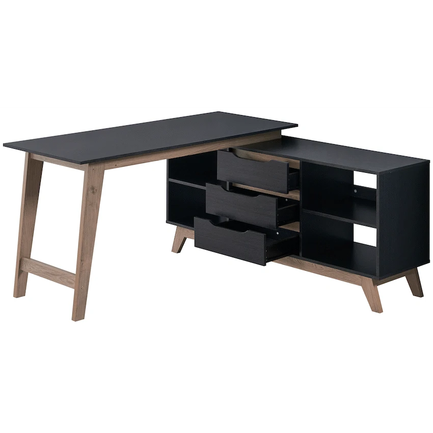 Everfurn Premium Lunar Office Desk - Black, L-Shaped Desk, With Storage