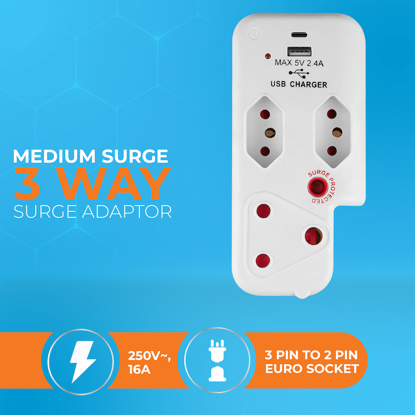 Switched 3-Way Medium Surge Adaptor with Type-C + USB - White