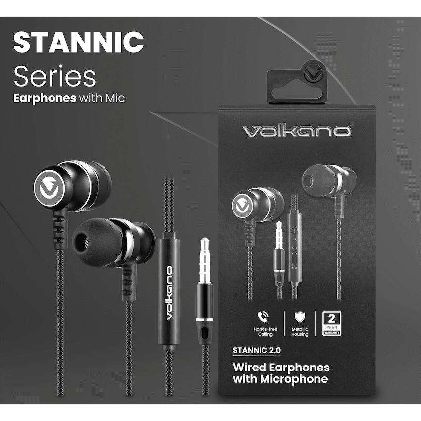 Volkano Earphones with Mic - STANNIC SERIES - Black