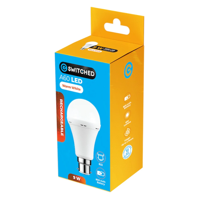 Switched 9w A60 Rechargeable LED Light Bulb - B22 - Warm White
