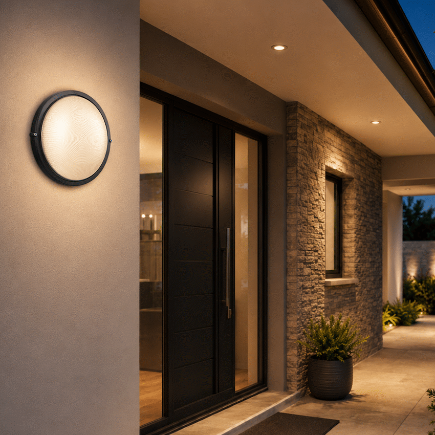 Ellies Illume Series - Large AC Round Bulkhead - Aluminium + Glass - E27 Base -BK