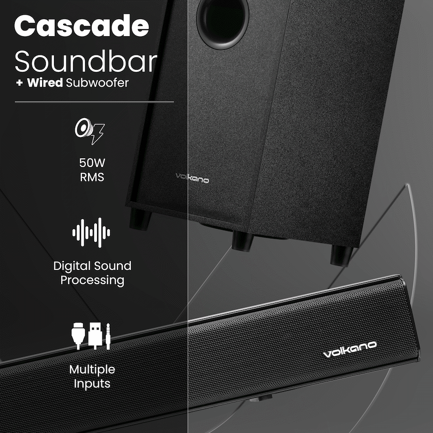 Volkano Cascade 50w Soundbar + Wired Subwoofer - Black