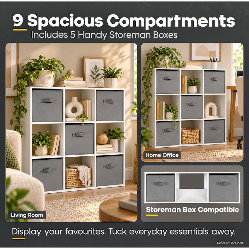 Everfurn Ninefold Bookshelf with 5 Storage Bins