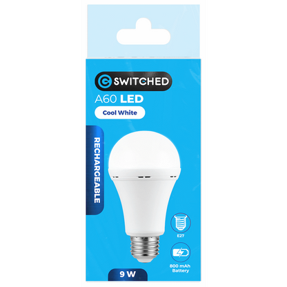 Switched 9w A60 Rechargeable LED Light Bulb E27 - Cool White