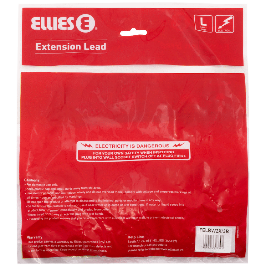 Ellies Side-by-Side Light-Duty Extension Lead - 3m - Black