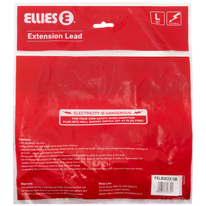 Ellies Side-by-Side Light-Duty Extension Lead - 3m - Black