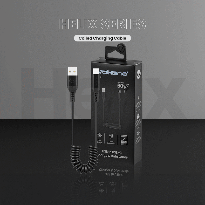 Volkano Helix Series Coiled 1m Charging Cable USB-A To USB-C 60W - Black