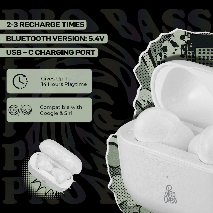 Pro Bass Pulse Buds True Wireless Earphones with Charging Case - White
