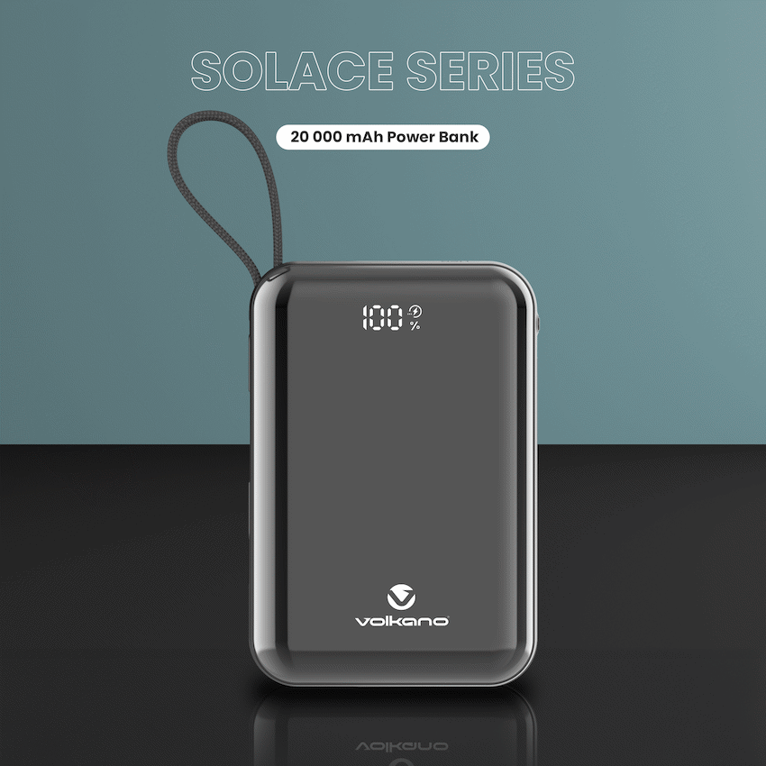 Volkano Solace Series 20 000 mAh Power Bank with Built-in USB-C & Lightning Cable - Black