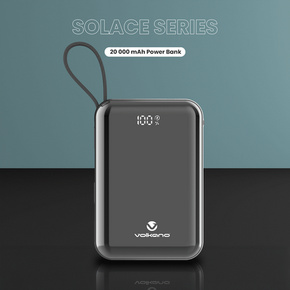 Volkano Solace Series 20 000 mAh Power Bank with Built-in USB-C & Lightning Cable - Black