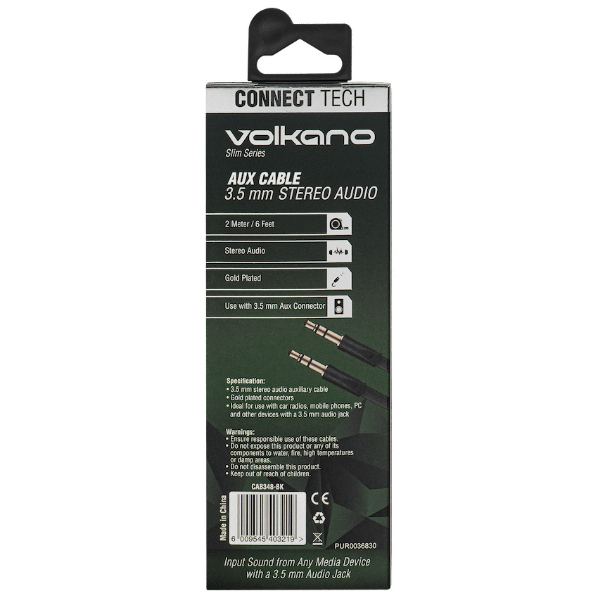Volkano Slim Series Aux Cable 2m - Black