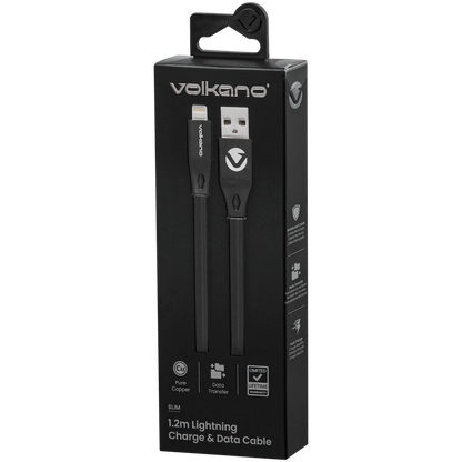 Volkano Slim Series Flat PVC Lightning Cable 1.2m - Black