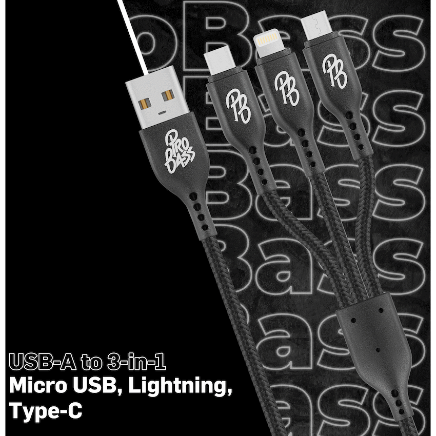 Pro Bass Braided 3-in-1 Charge Cable 1m - Black