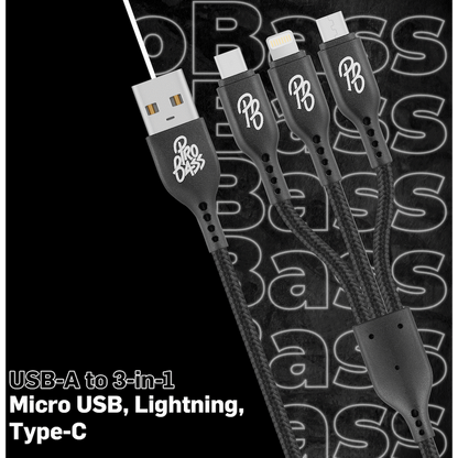 Pro Bass Braided 3-in-1 Charge Cable 1m - Black