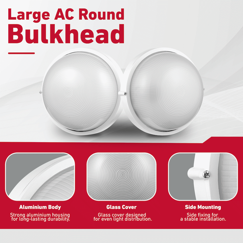Ellies Illume Series - Large AC Round Bulkhead - Aluminium + Glass - E27 Base -WT