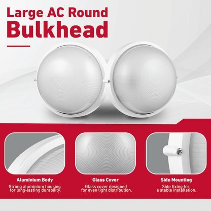 Ellies Illume Series - Large AC Round Bulkhead - Aluminium + Glass - E27 Base -WT