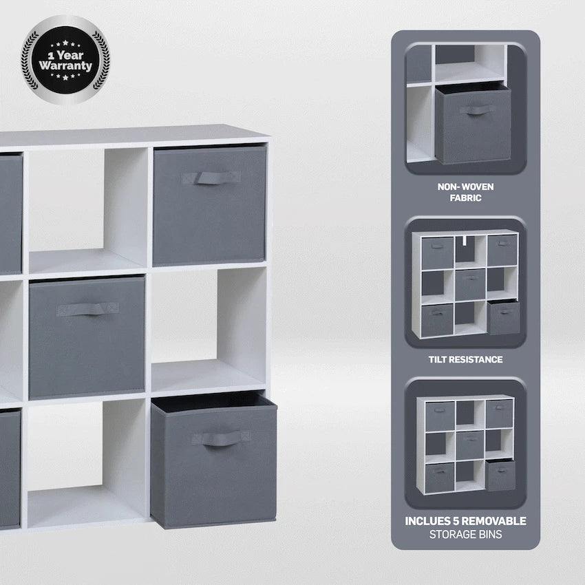 Everfurn Ninefold Bookshelf with 5 Storage Bins