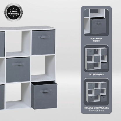 Everfurn Ninefold Bookshelf with 5 Storage Bins