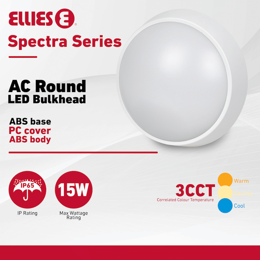 Ellies Spectra Series - AC 15W  Round LED Bulkhead with 3CCT -WT