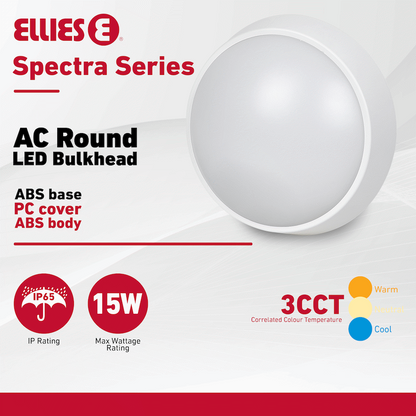Ellies Spectra Series - AC 15W  Round LED Bulkhead with 3CCT -WT